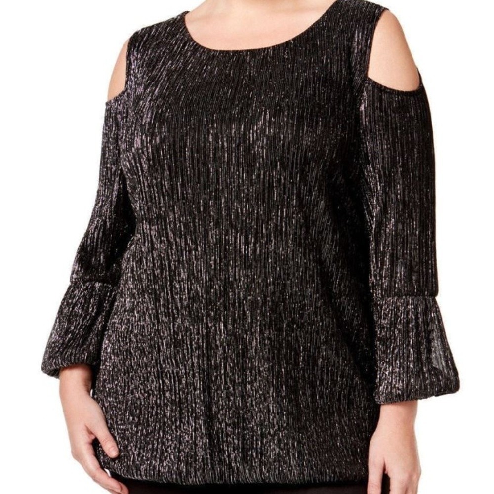 NWT Alfani Women 3X Dark Silver Metallic Cold Shoulder Tiered Bell Sleeve Topโ